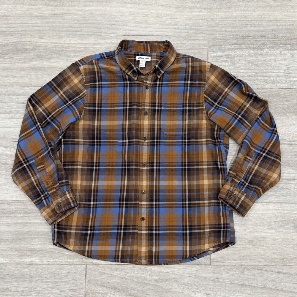 Lands End Mens L Tall Flannel Shirt Plaid Orange Blue Traditional Fit Cotton